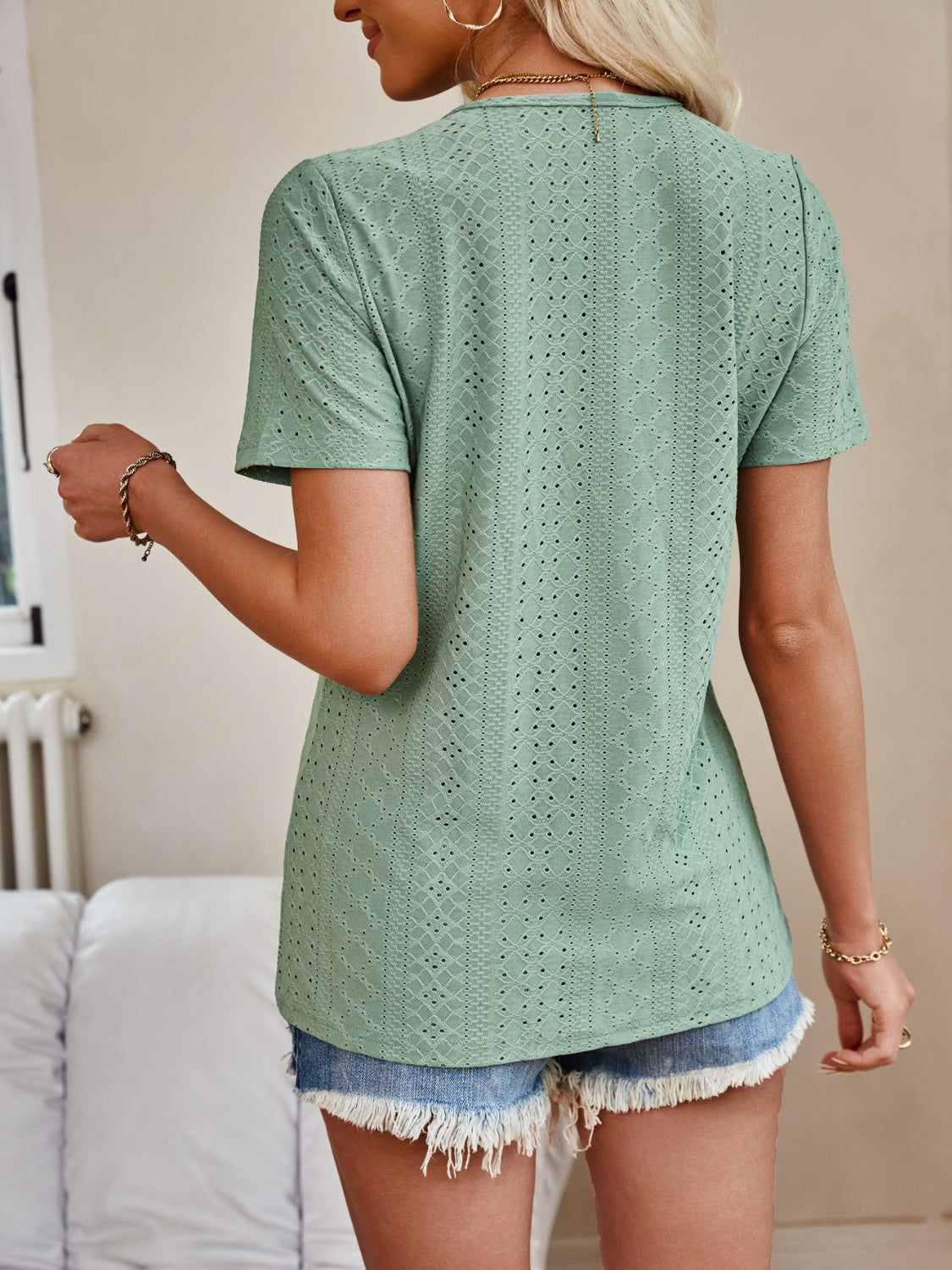 Full Size Eyelet V-Neck Short Sleeve Top