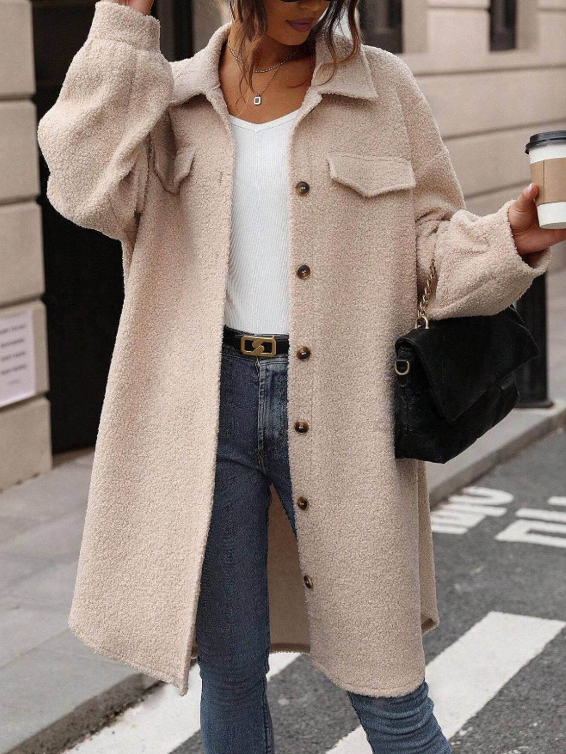 Button Up Drop Shoulder Sherpa Coat