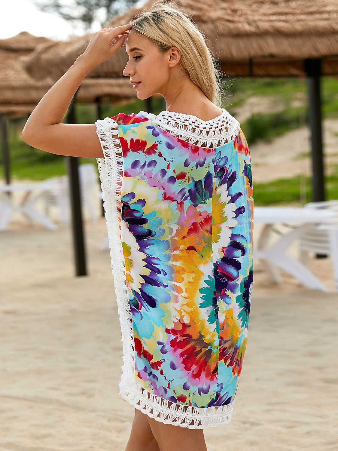 Sand n' Sun Openwork Printed Round Neck Cover Up