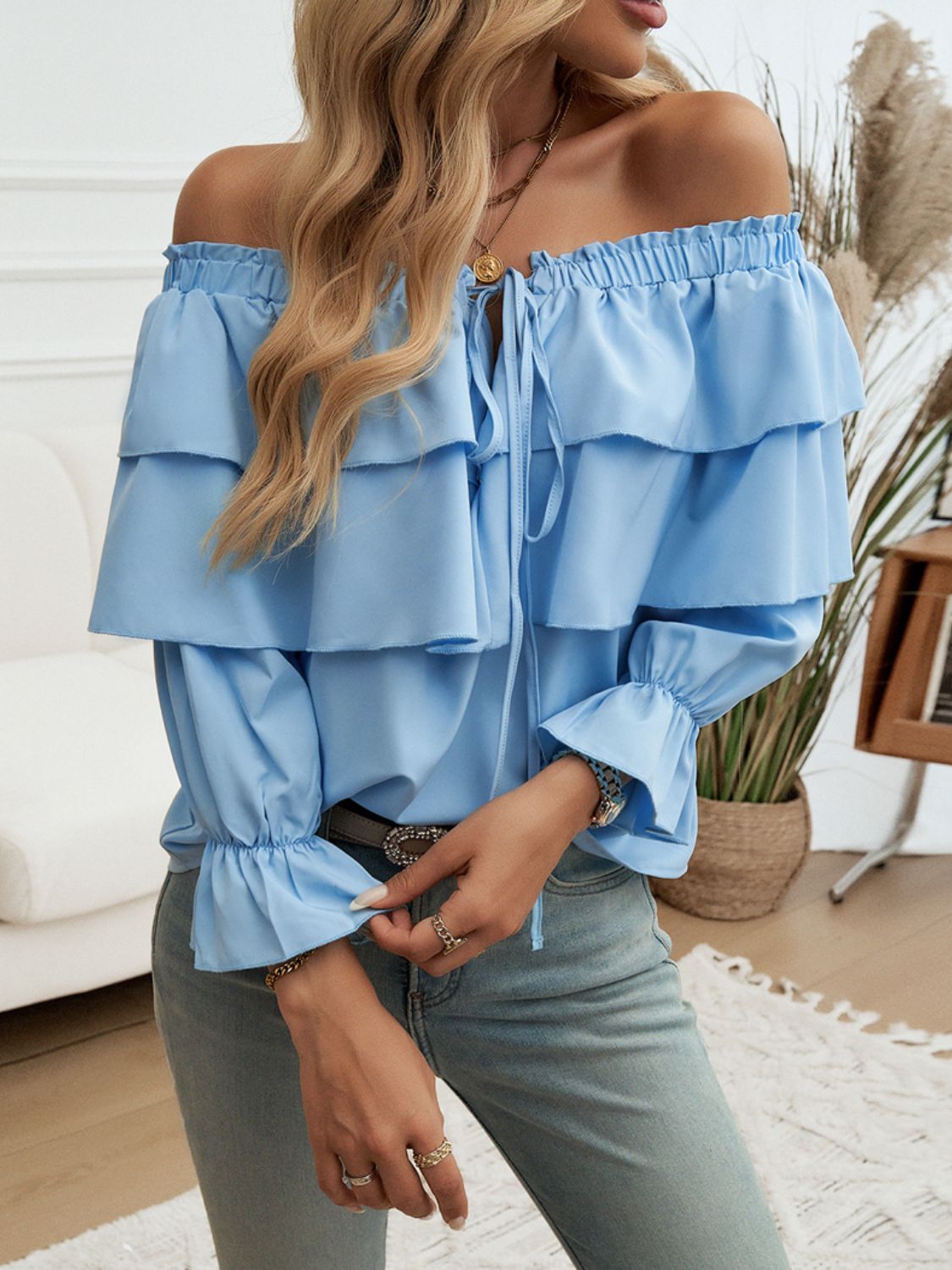 Off-Shoulder Flounce Sleeve Blouse