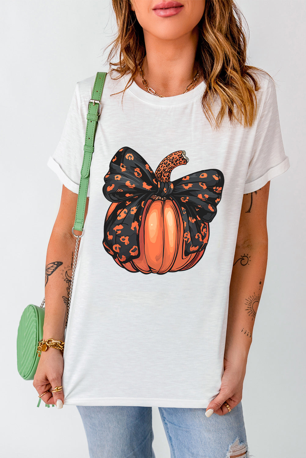 Full Size Pumpkin White Round Neck Short Sleeve T-Shirt