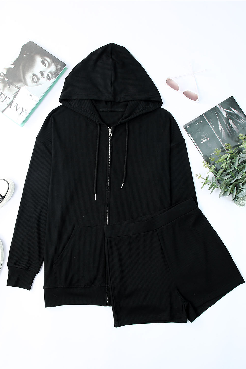 Full Size Drawstring Zip Up Sweatshirt and Shorts Set