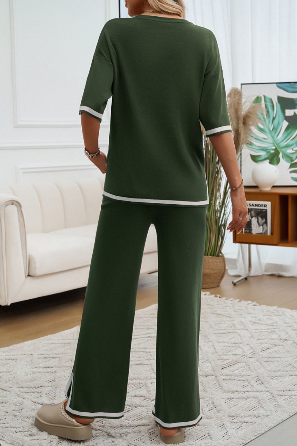 Devine Contrast Trim Half Sleeve Top and Pants Set