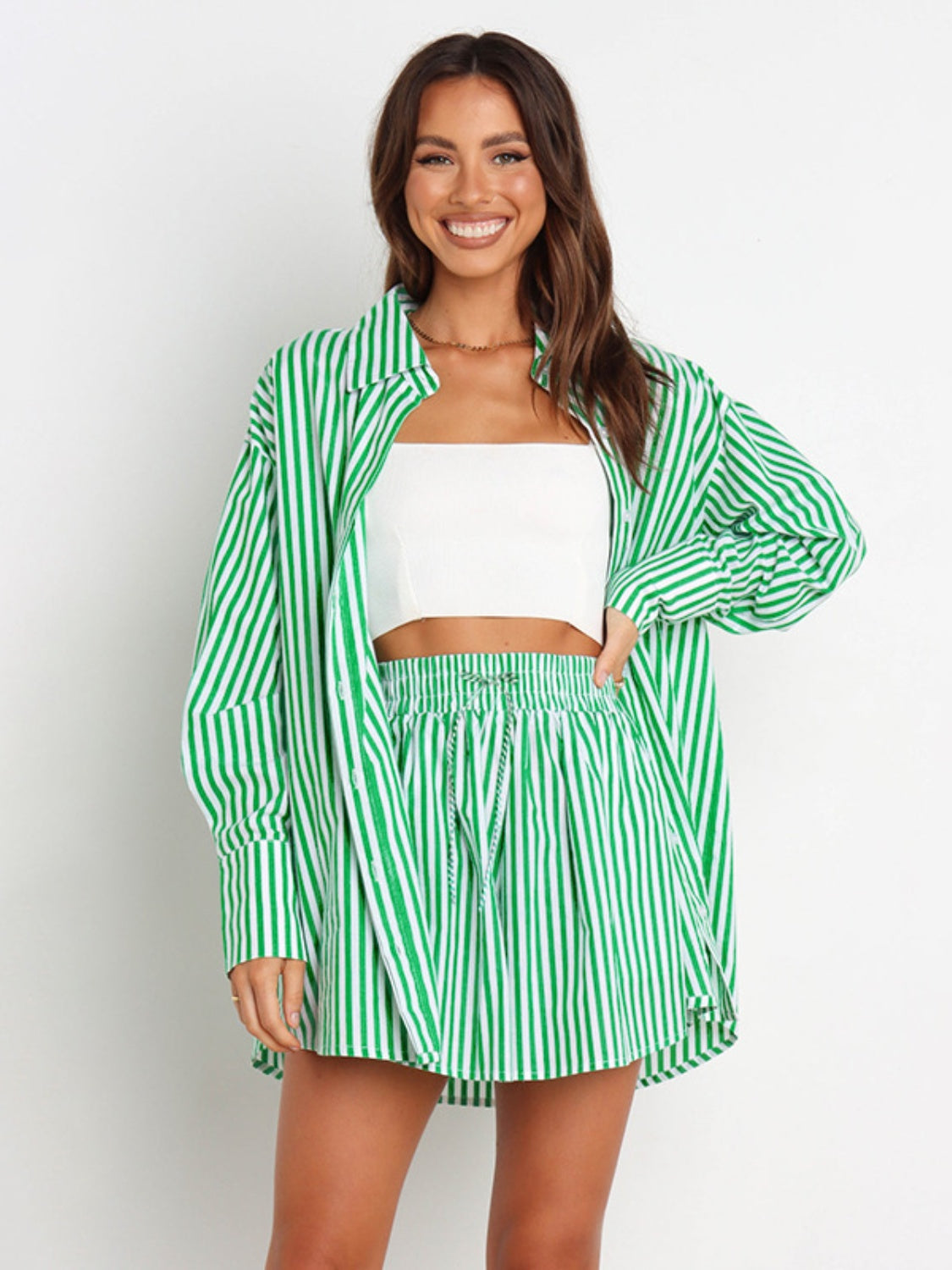 Full Size Striped Dropped Shoulder Shirt and Shorts Set
