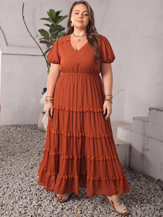 Plus Size Ruched Lace Detail V-Neck Short Sleeve Dress