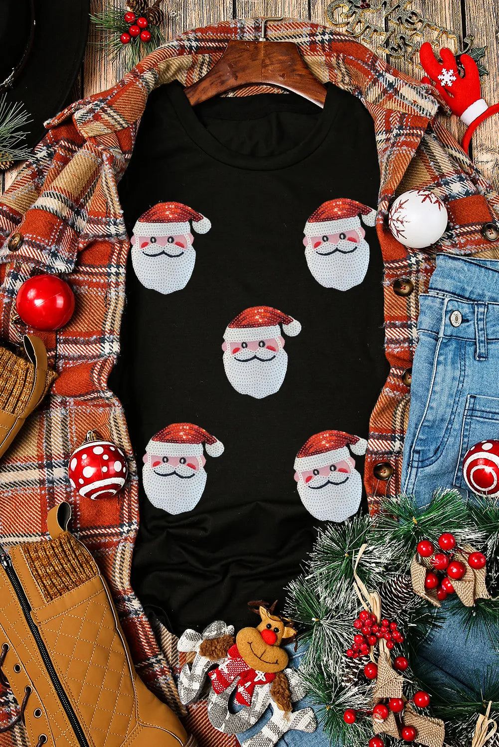 Sequin Santa Round Neck Short Sleeve T-Shirt