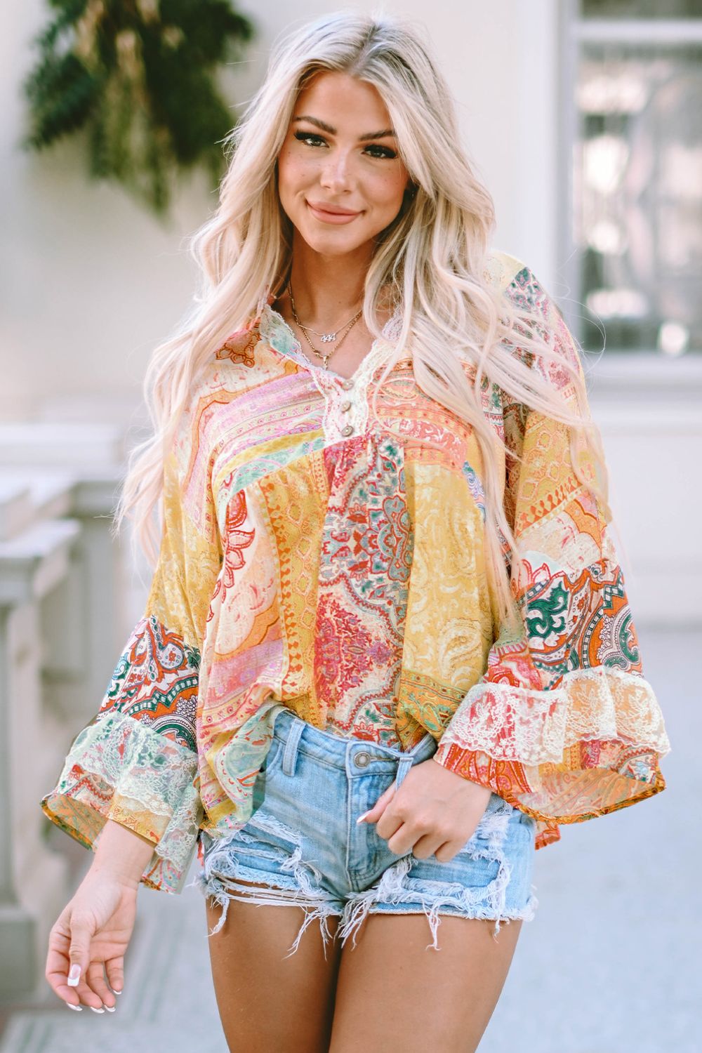 Printed Lace Trim Buttoned Blouse