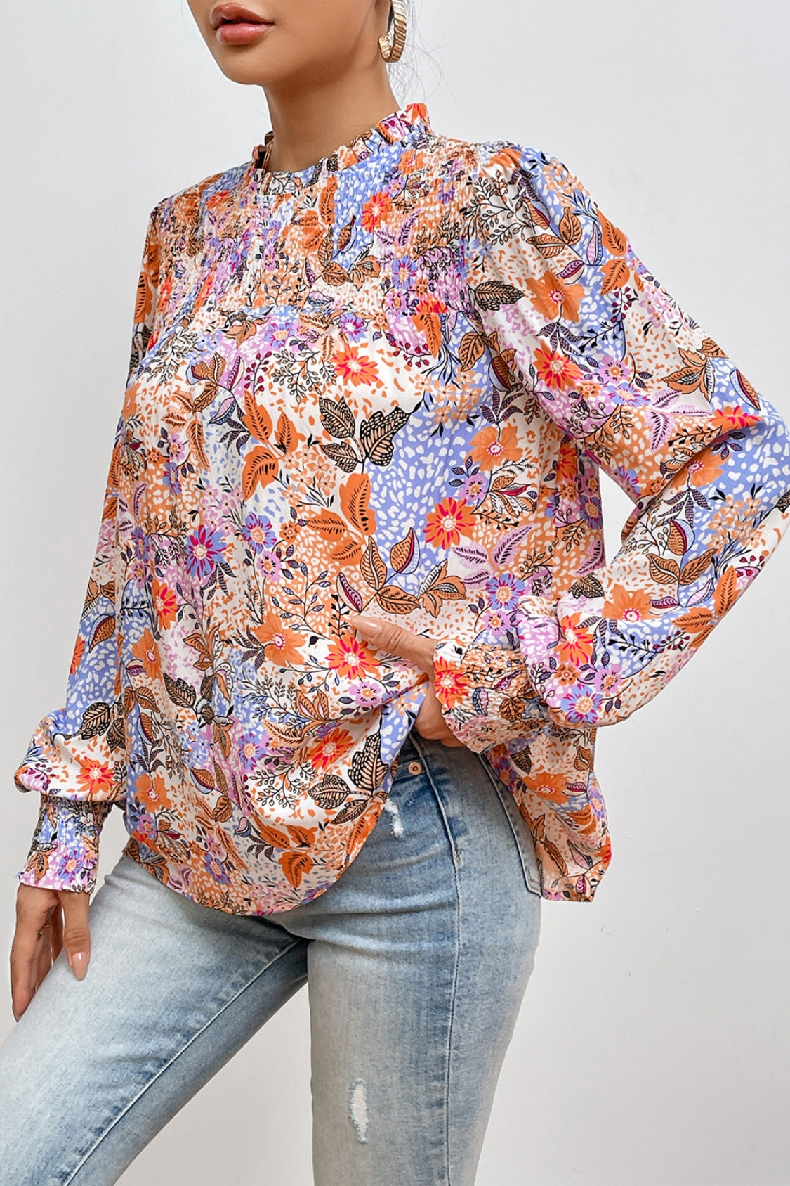 Multicolour Floral Print Sleeve Frilled Round Neck Blouse