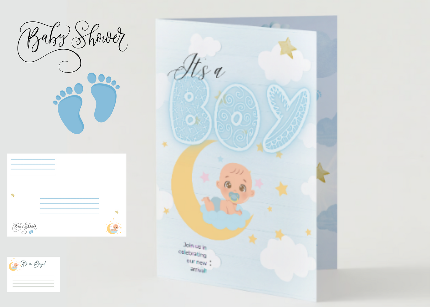 DIY Blue Baby Shower Cards "It's a Boy" 4 Card Complete Set in PDF, PNG, JPG, SVG