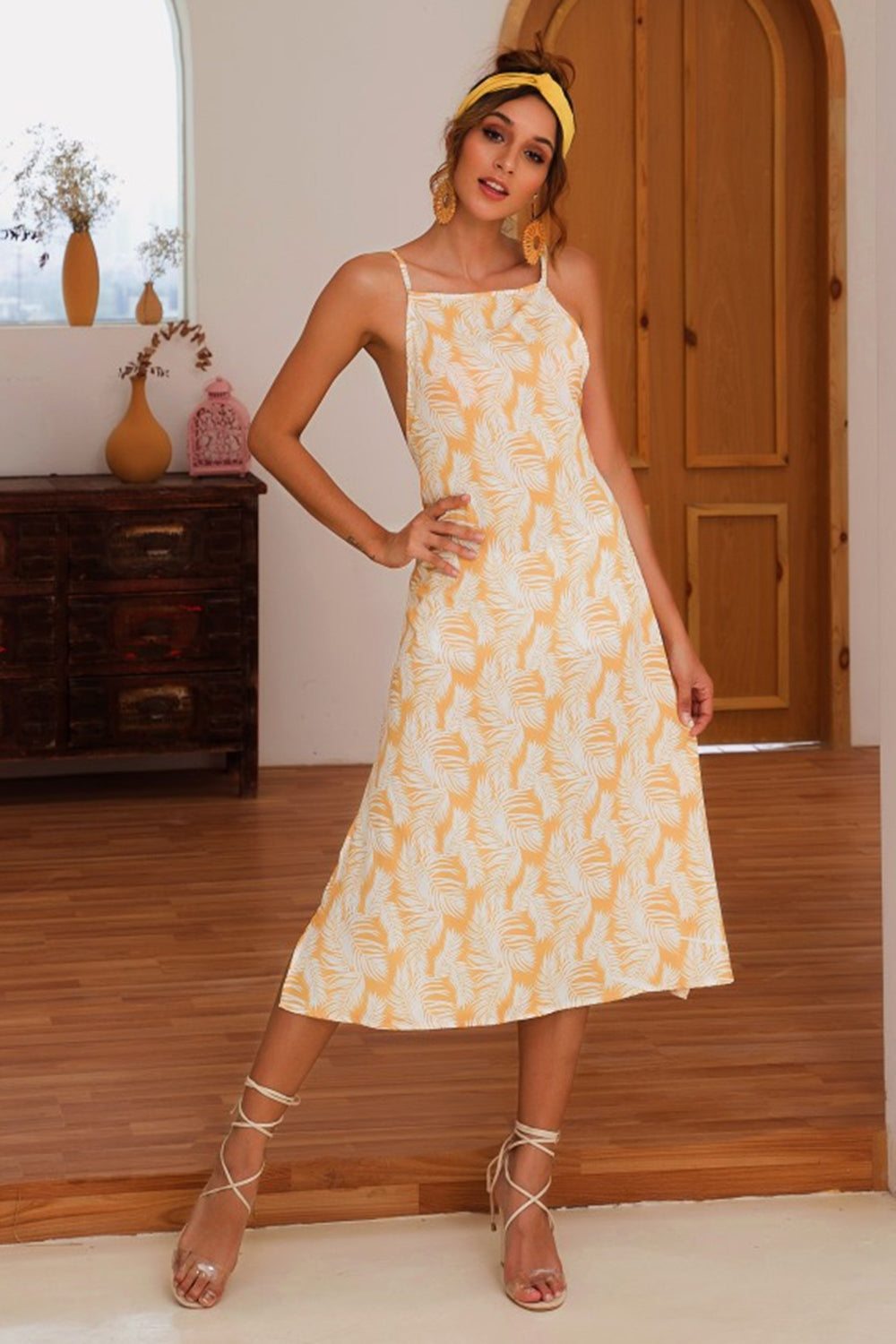 Slit Crisscross Printed Sleeveless Cami Midi Dress