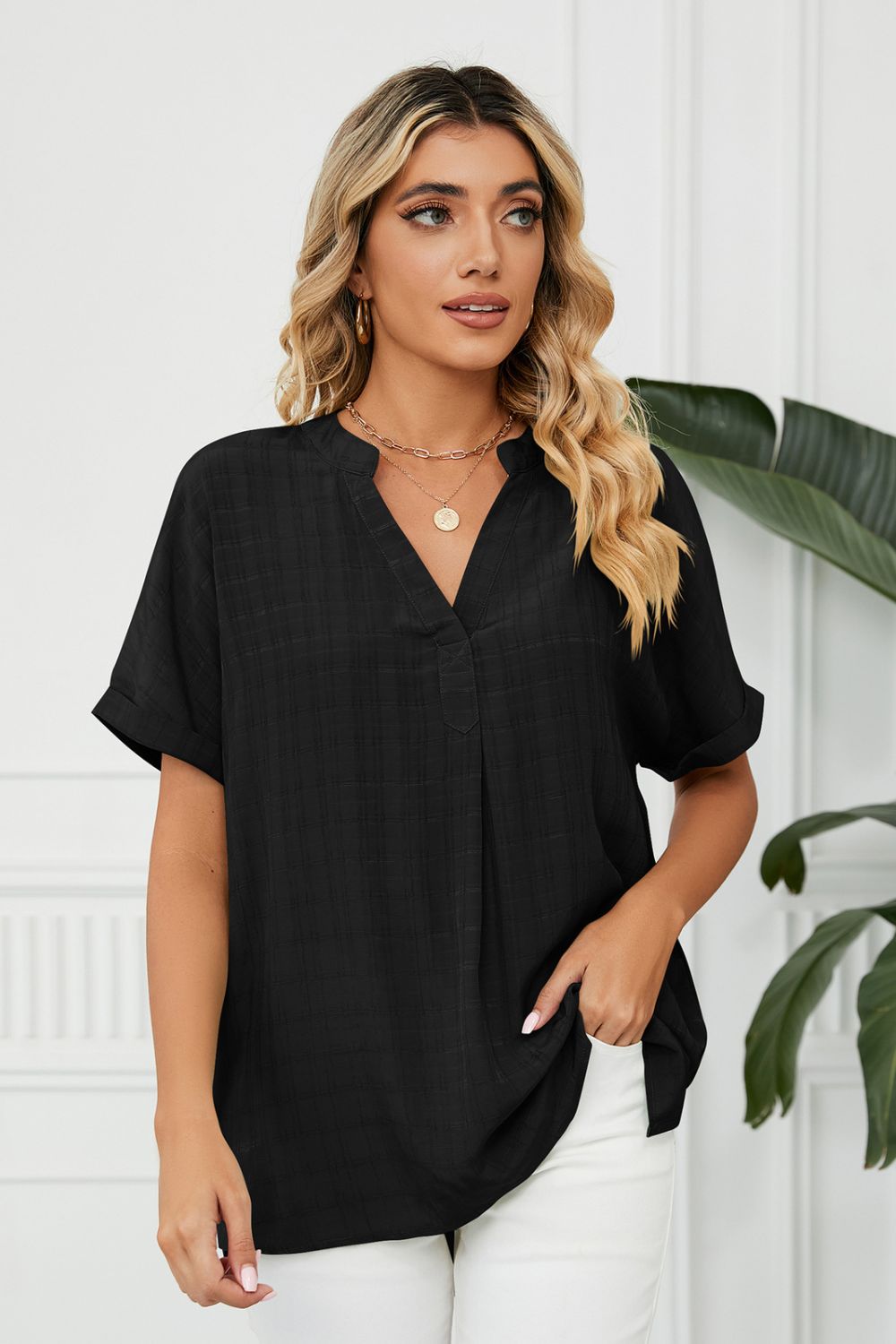 Full Size Side Slit Notched Neck Cuffed Short Sleeve Blouse