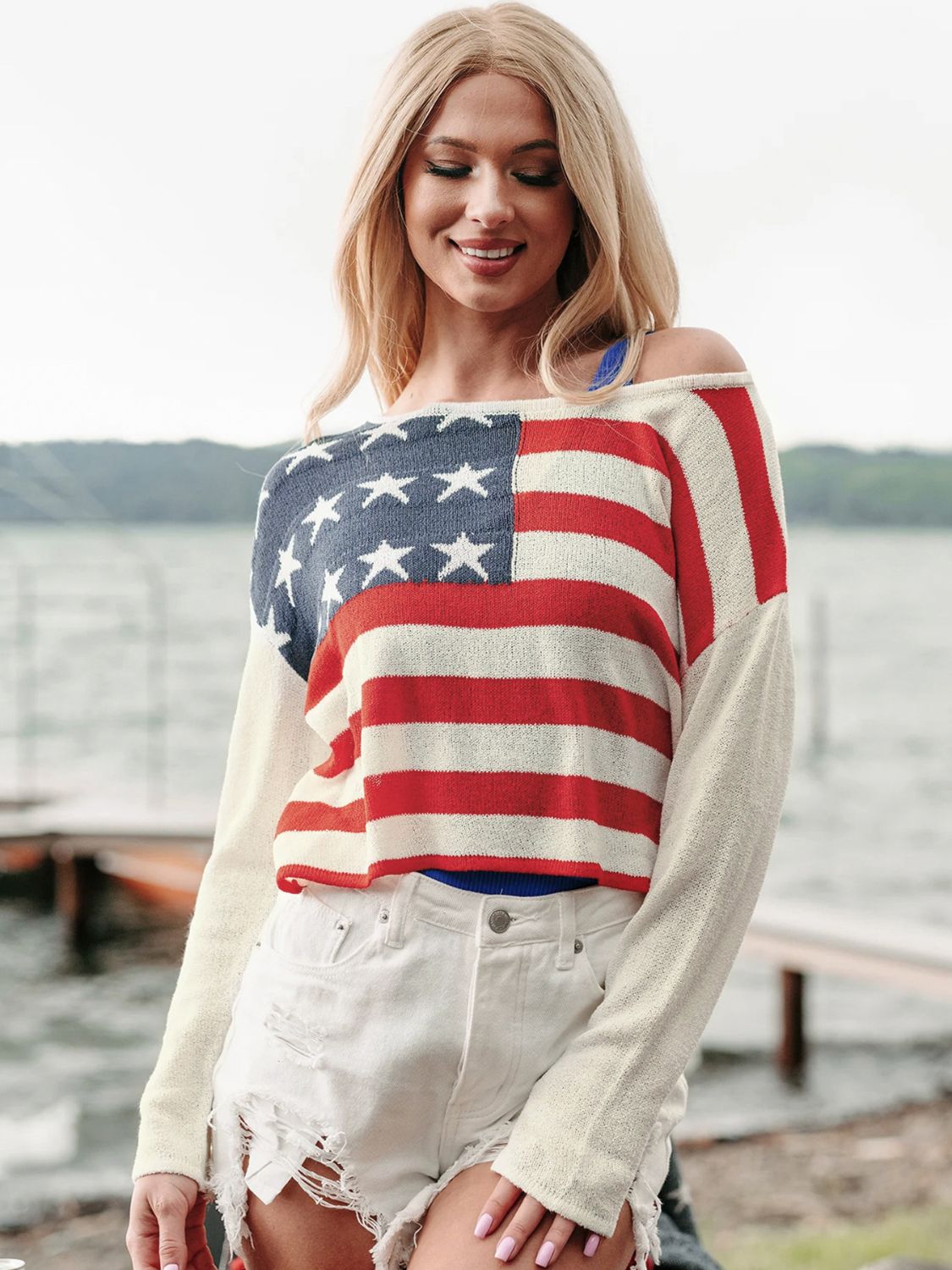 US Flag Boat Neck Long Sleeve Knit Top