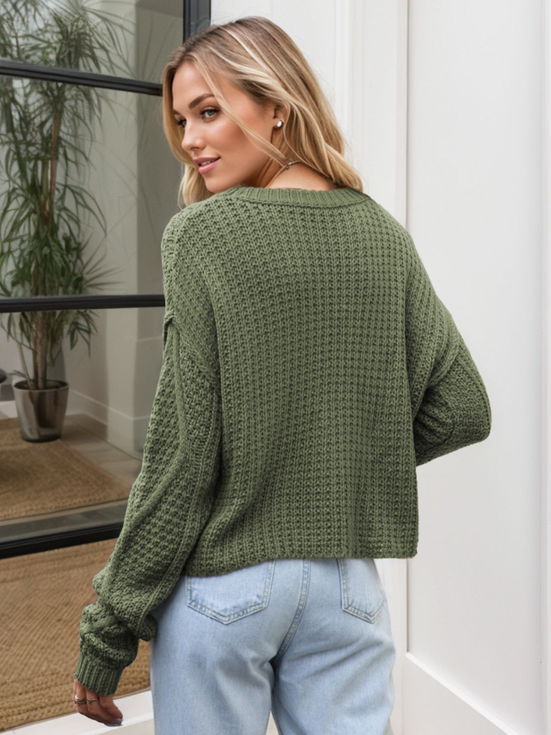 Cable-Knit Round Neck Dropped Shoulder Sweater