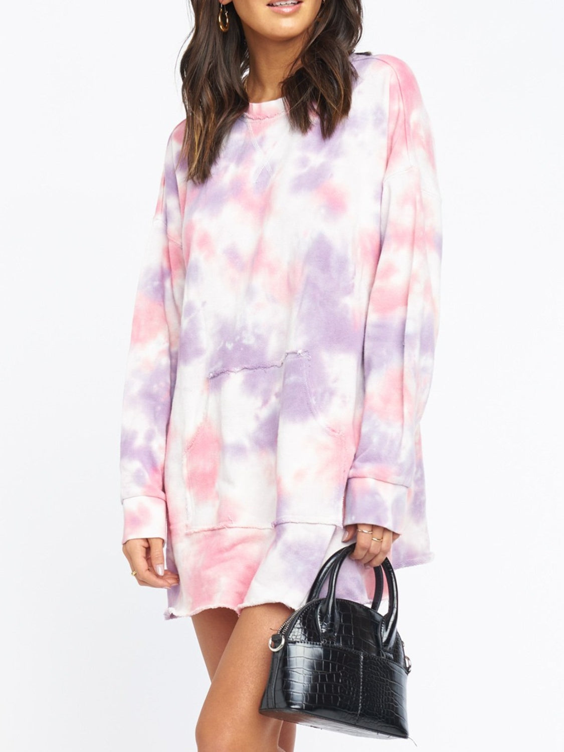 Pocketed Tie-Dye Round Neck Long Sleeve Dress