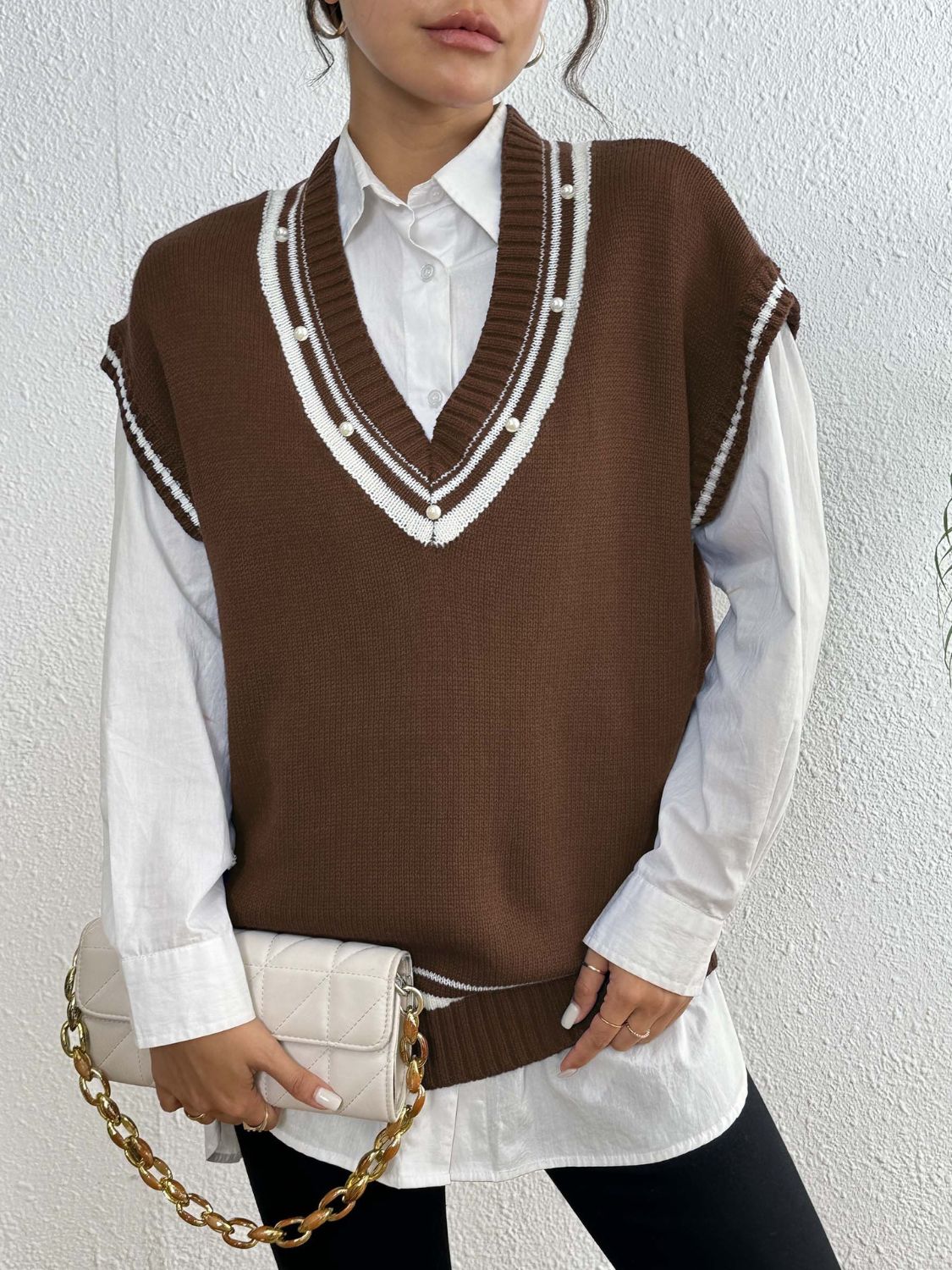 Pearl Trim Contrast V-Neck Sweater Vest