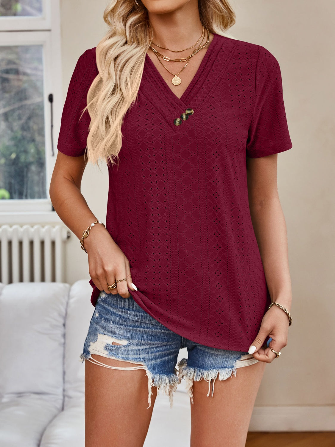 Full Size Eyelet V-Neck Short Sleeve Top