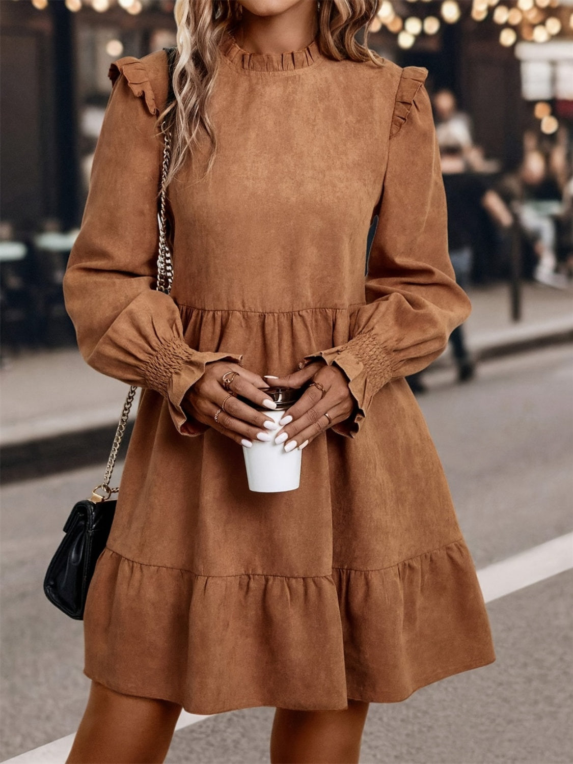 Frill Round Neck Long Sleeve Mini Dress