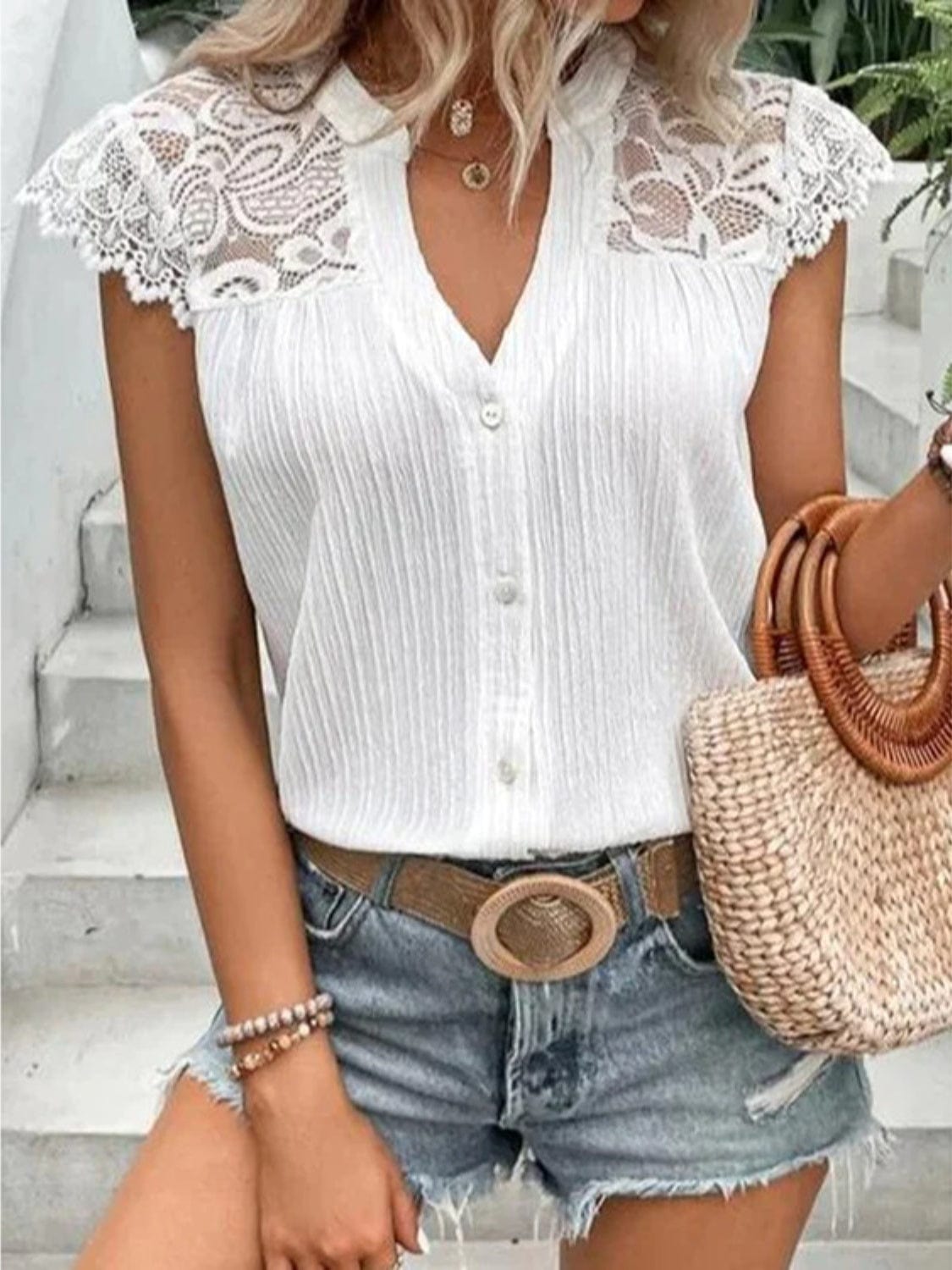 Lace Detail Notched Cap Sleeve Blouse