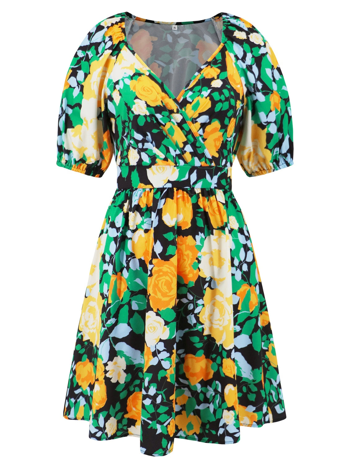 Full Size Printed Surplice Short Sleeve Dress