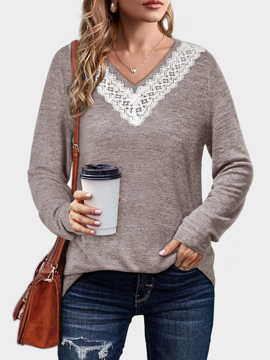 Lace Detail V-Neck Long Sleeve T-Shirt