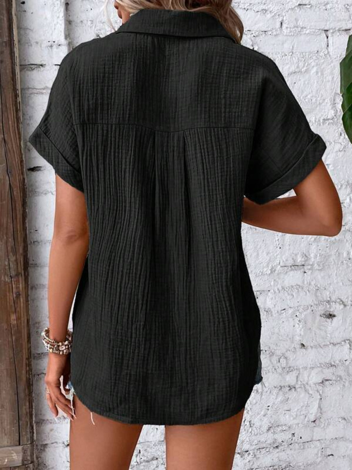 Textured Button Up Short Sleeve Shirt