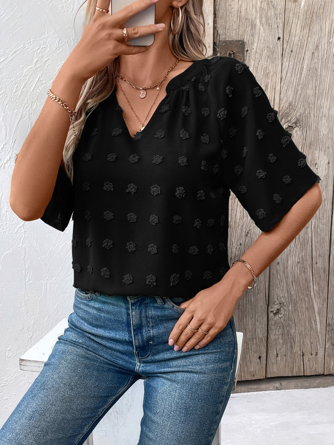 Swiss Dot Notched Half Sleeve Blouse