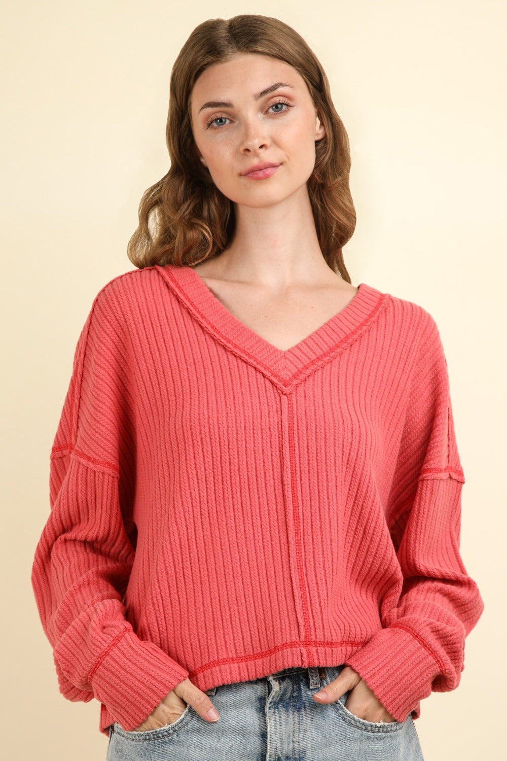 VERY J Exposed Seam V-Neck Ribbed Knit Top