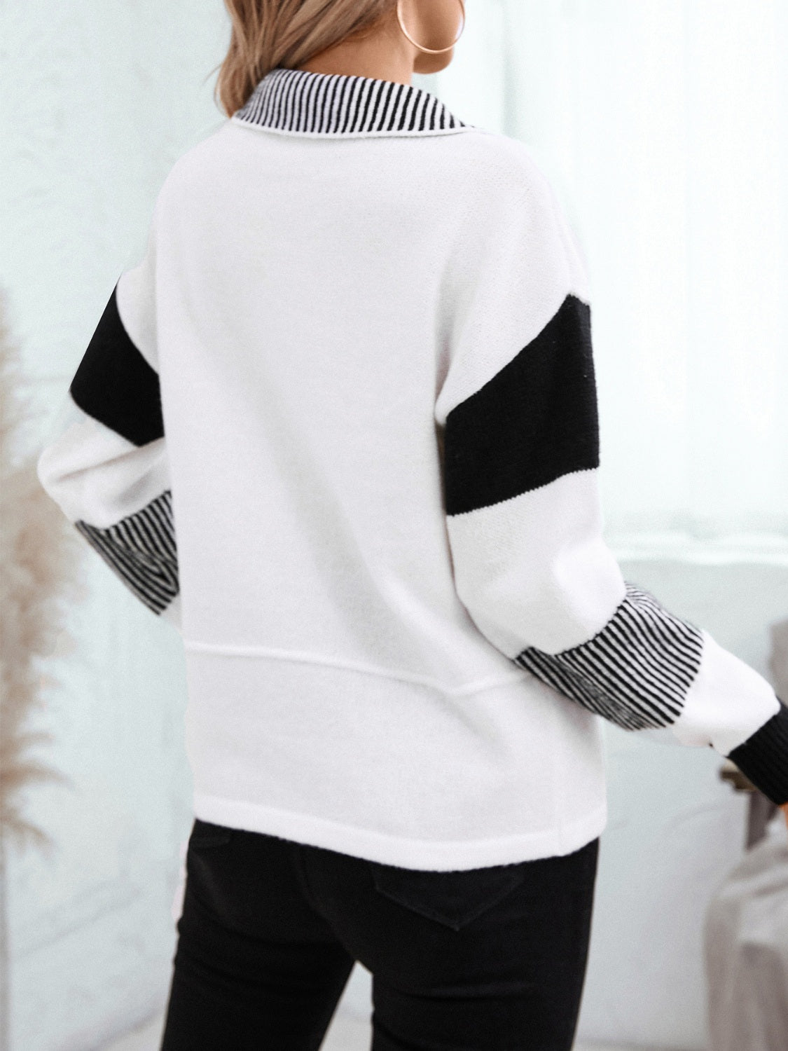 Striped Johnny Collar Drop Shoulder Sweater