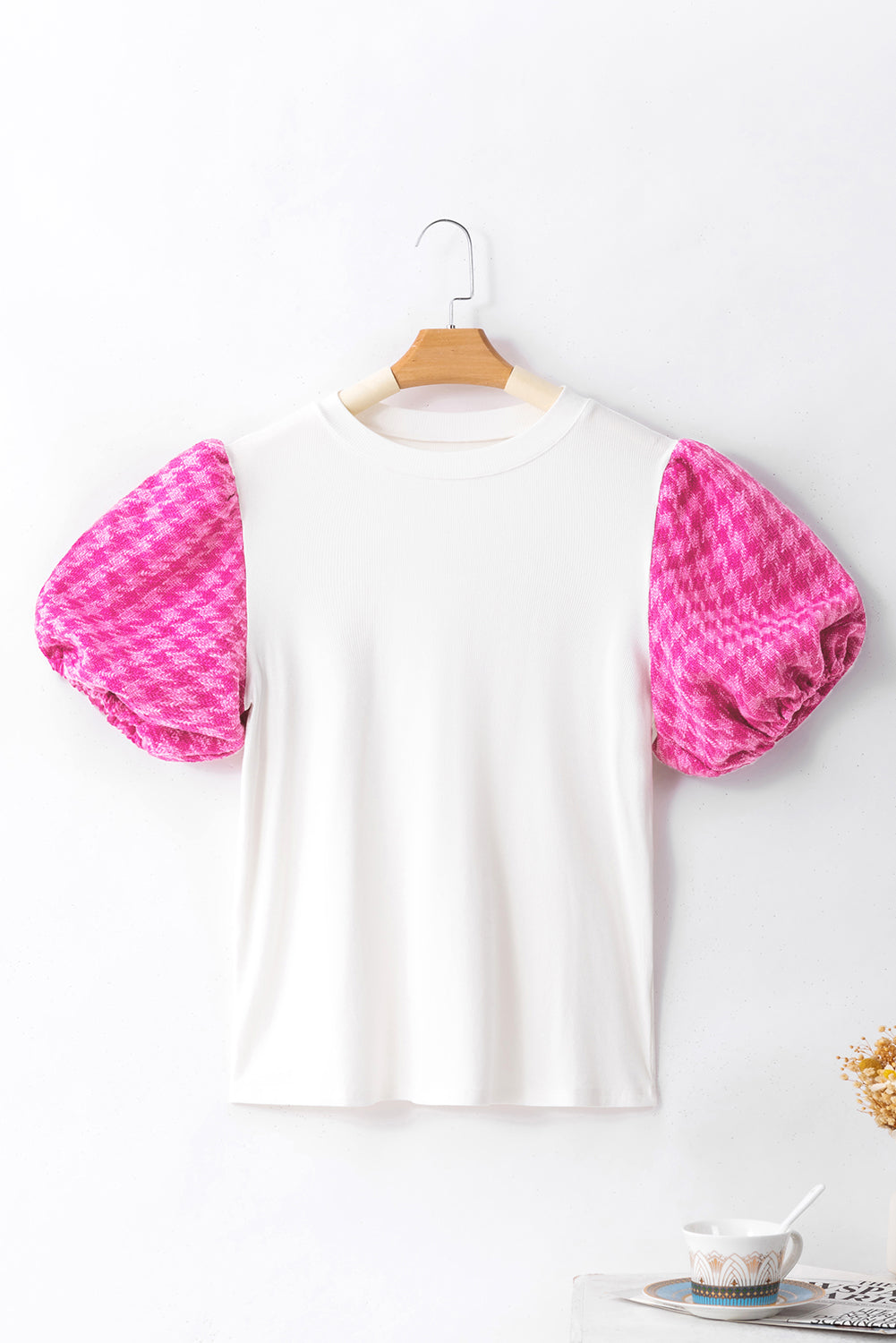 Houndstooth Round Neck Short Sleeve Blouse