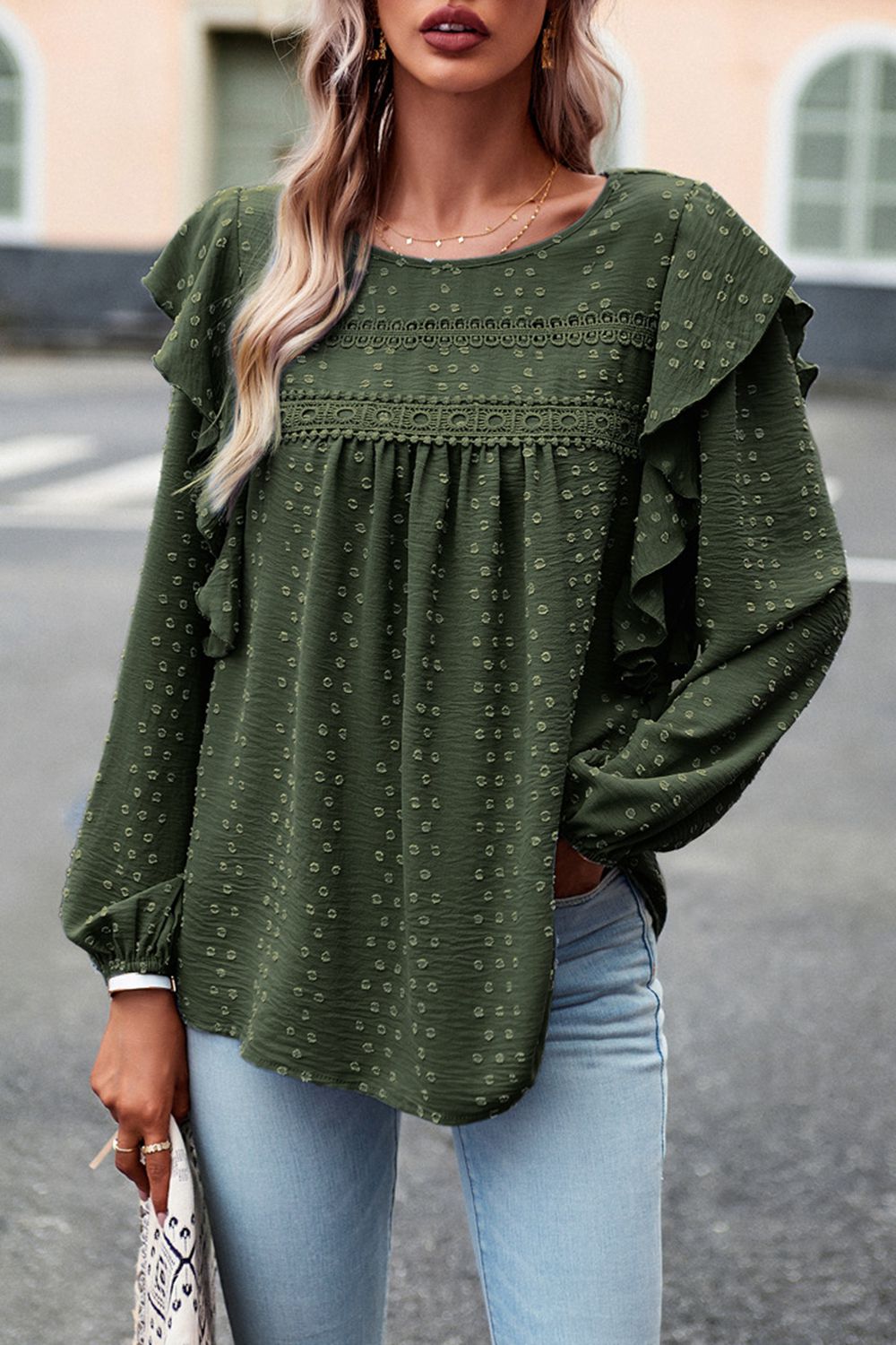 Ruffle Trim Balloon Sleeve Blouse