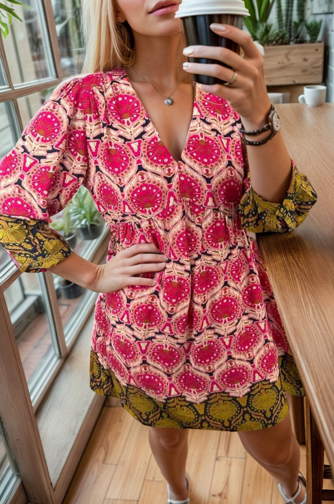 Printed V-Neck Three-Quarter Sleeve Mini Dress