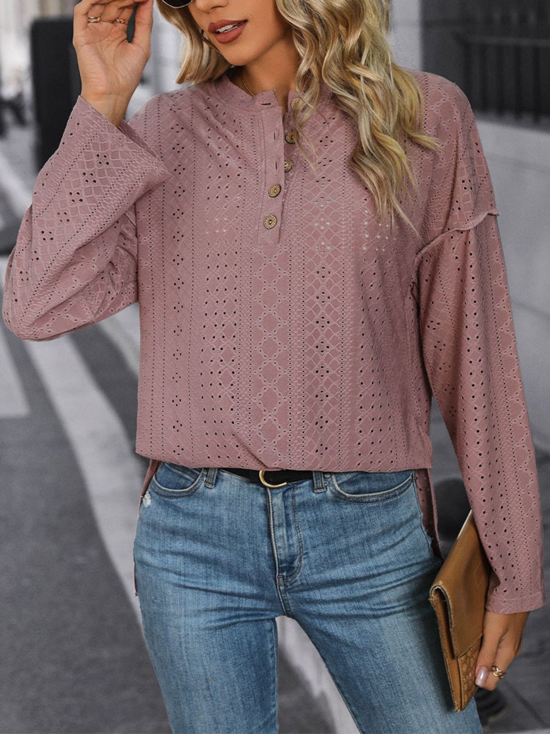 Eyelet Round Neck Long Sleeve Top