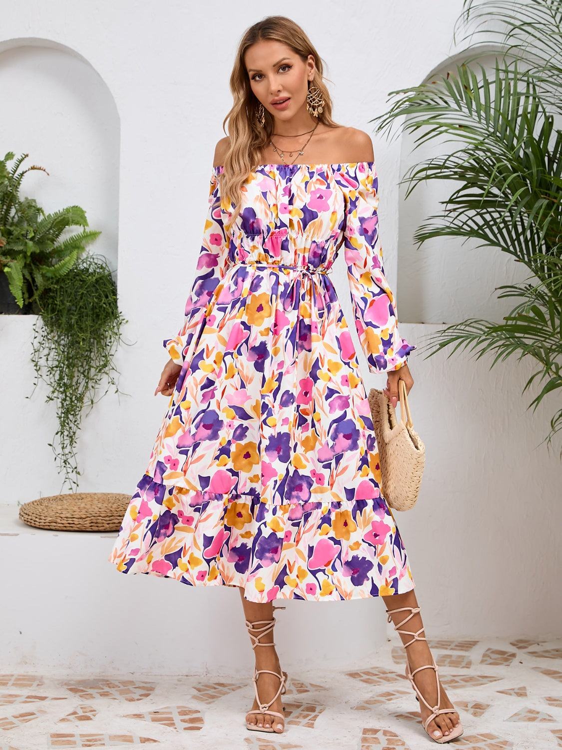 Full Size Printed Long Sleeve Midi Dress