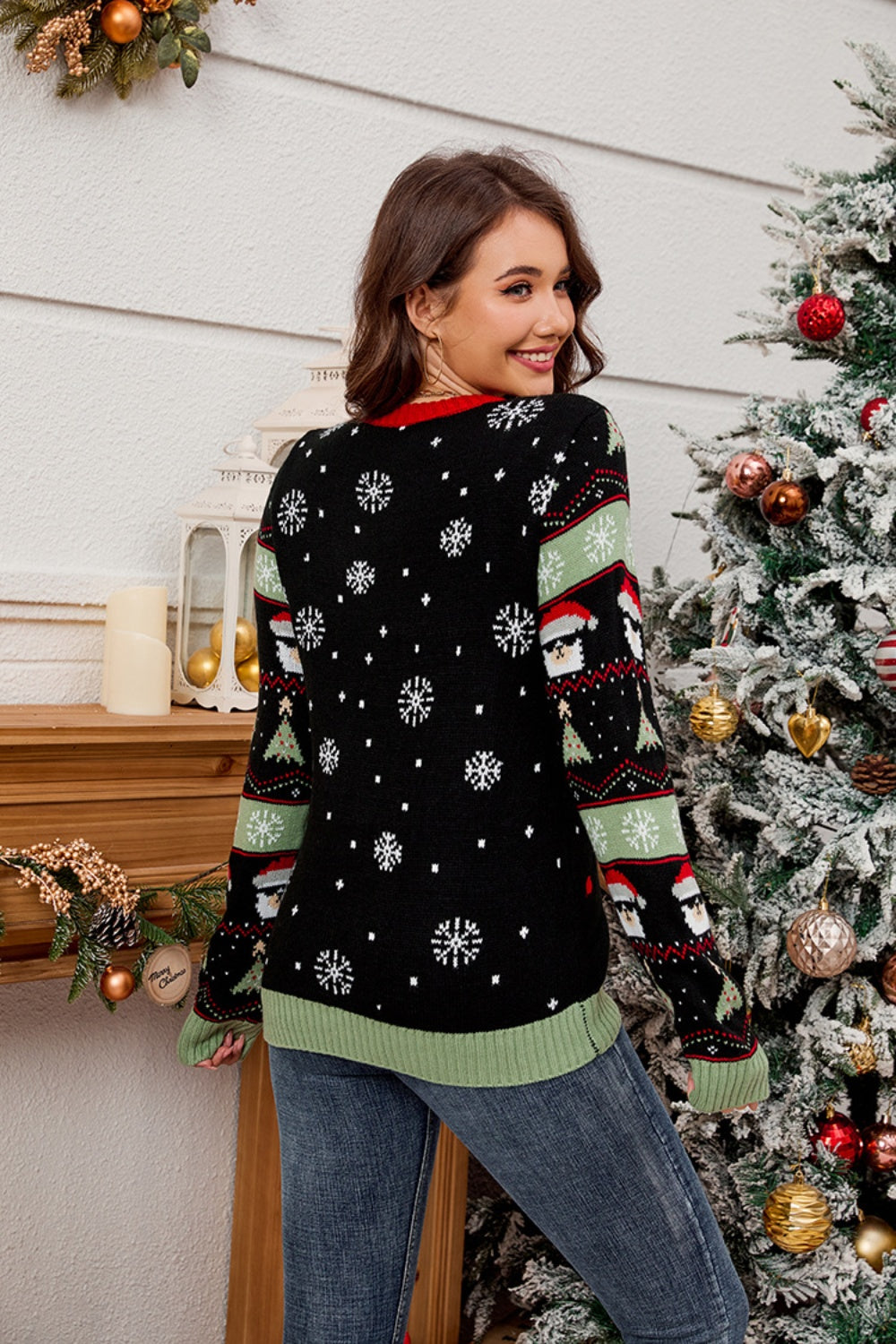 Contrast Christmas Pattern Round Neck Sweater