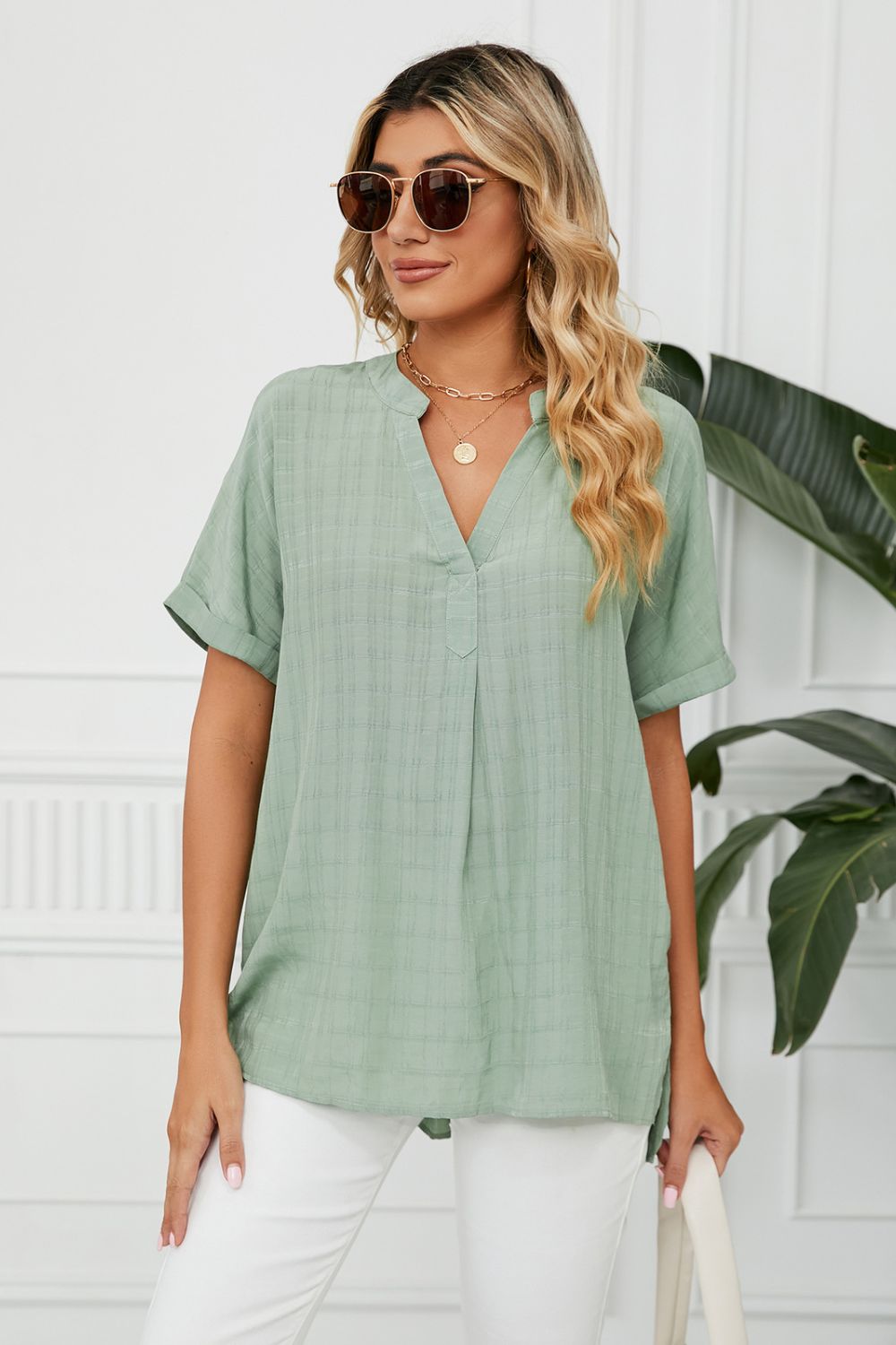 Full Size Side Slit Notched Neck Cuffed Short Sleeve Blouse