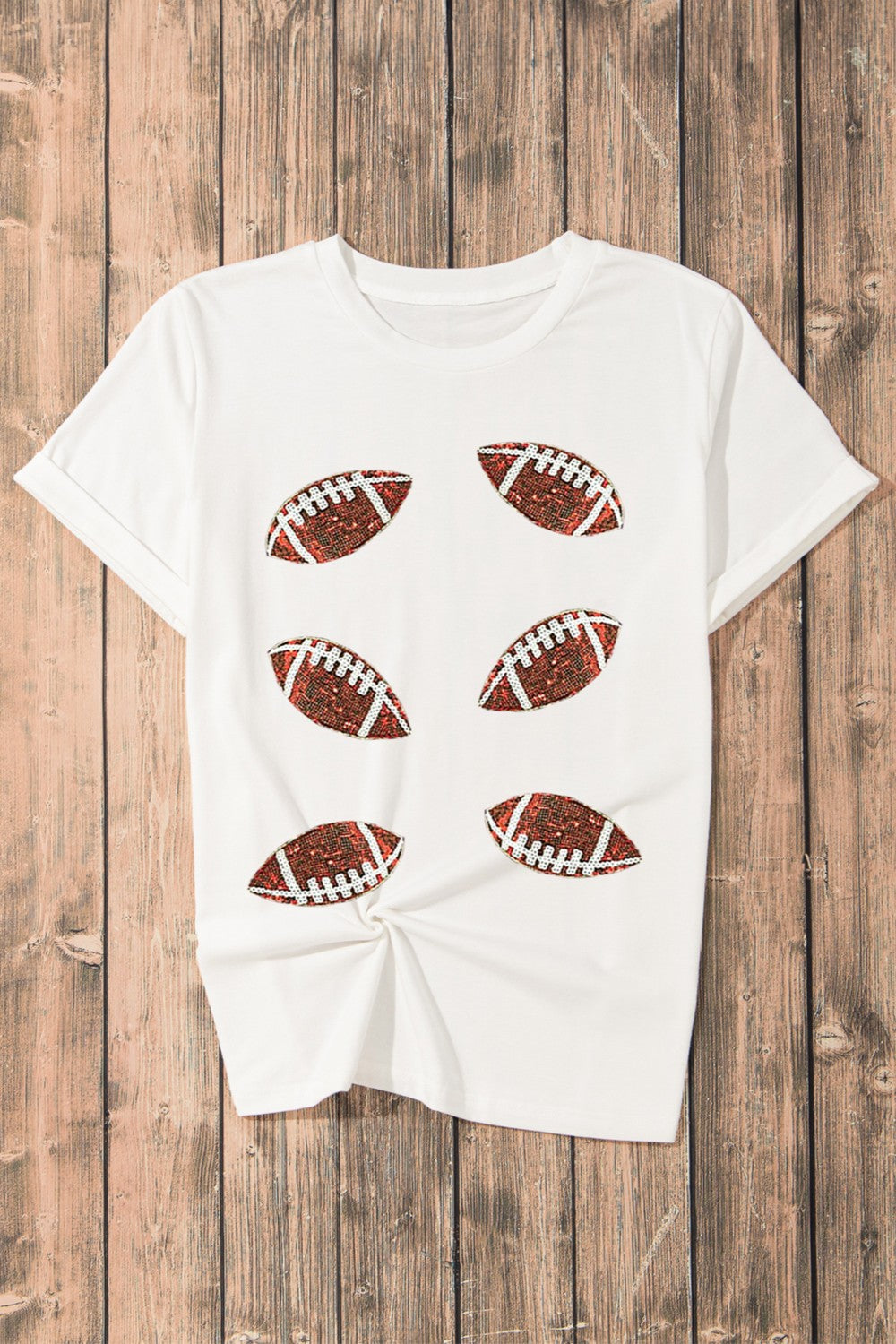 Full Size Sequin Football White Round Neck Short Sleeve T-Shirt