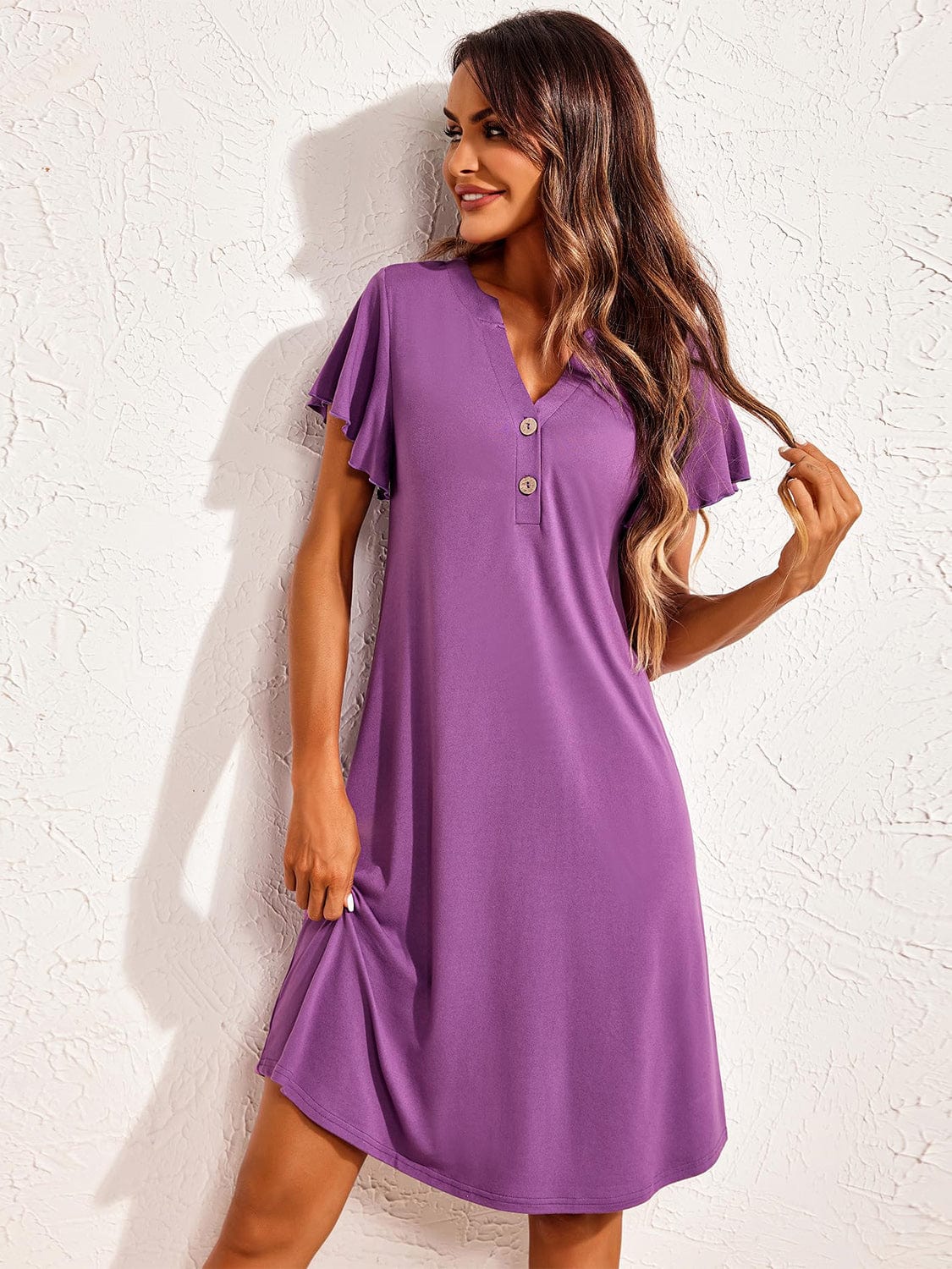 Full Size Notched Short Sleeve Lounge Dress