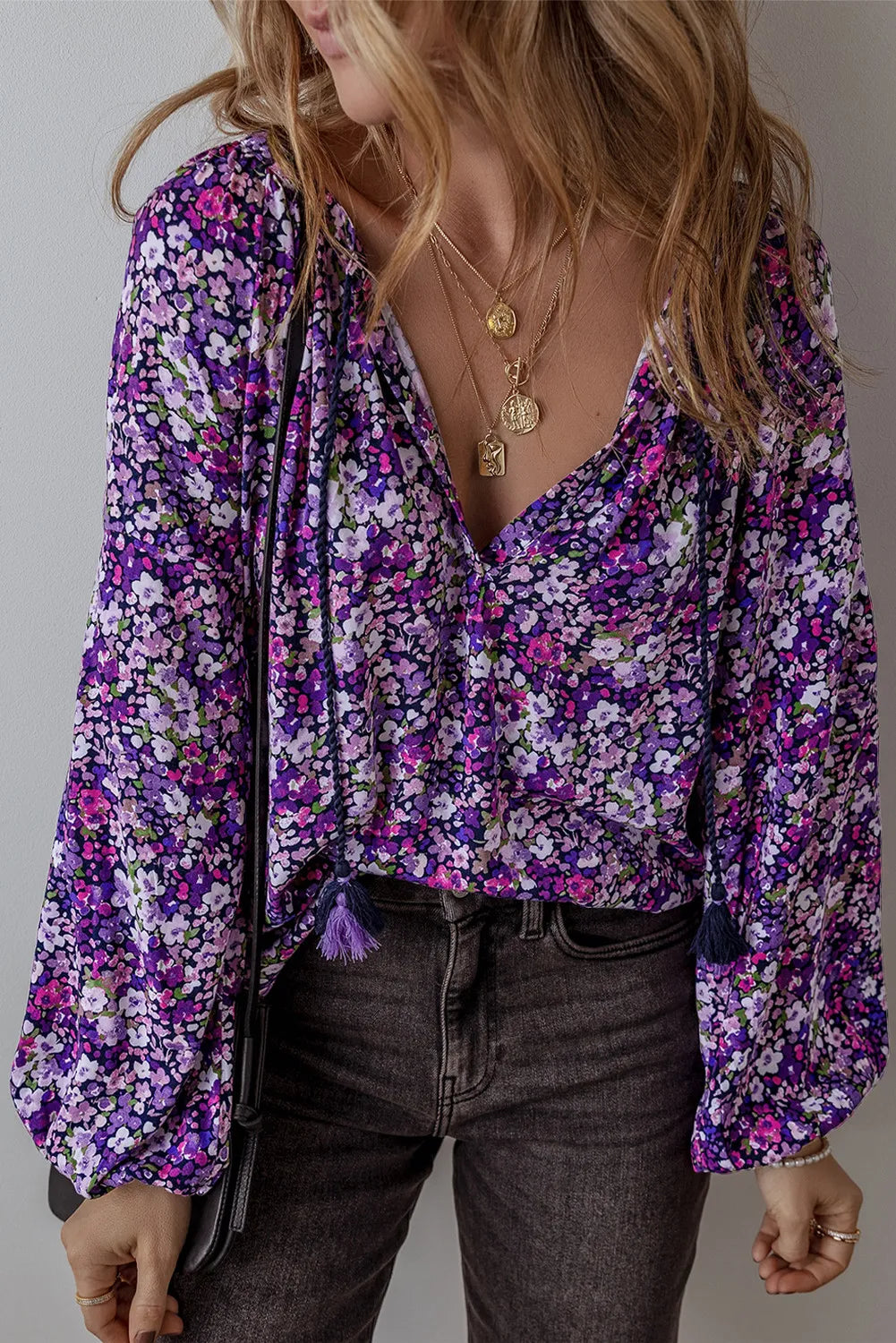 Floral Tie Neck Long Sleeve Blouse