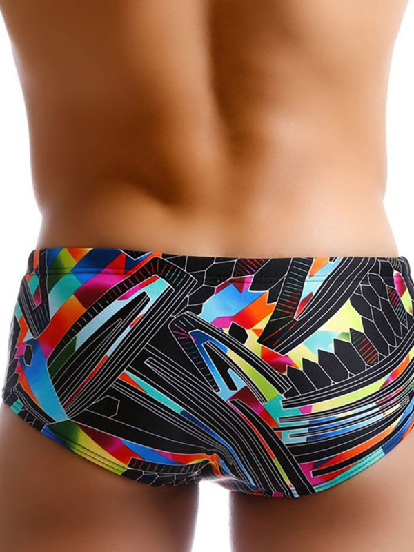 Men's Full Size Black Multi-Lines Geometric Print Boxer Swim Shorts