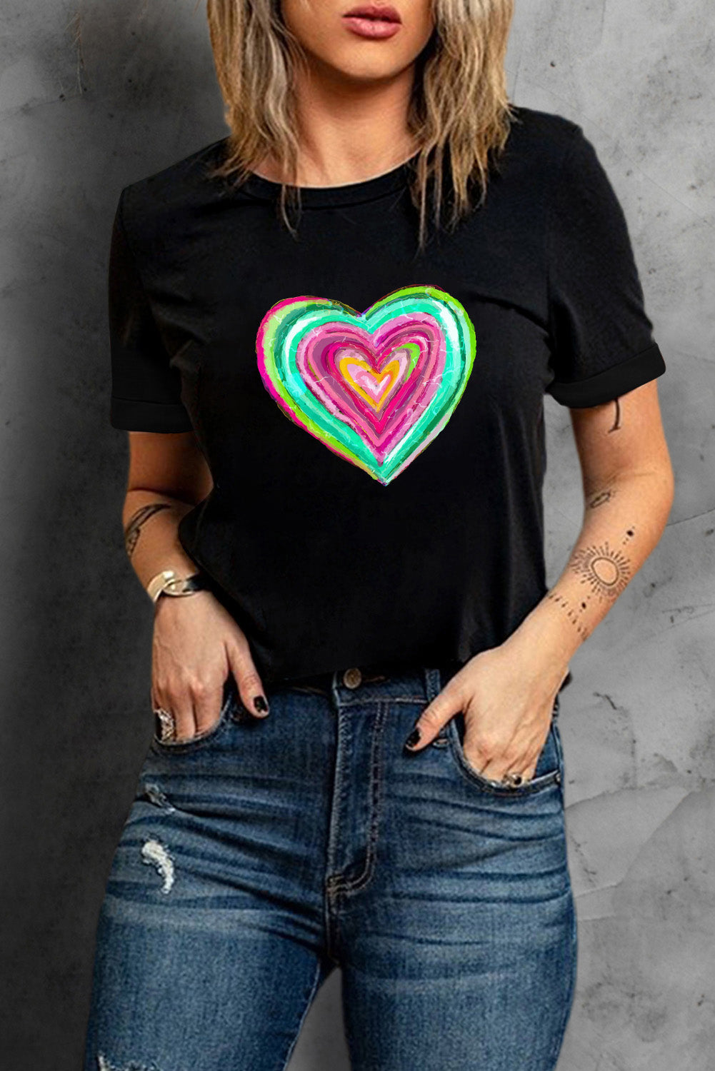 Full Size Heart Round Neck Short Sleeve T-Shirt