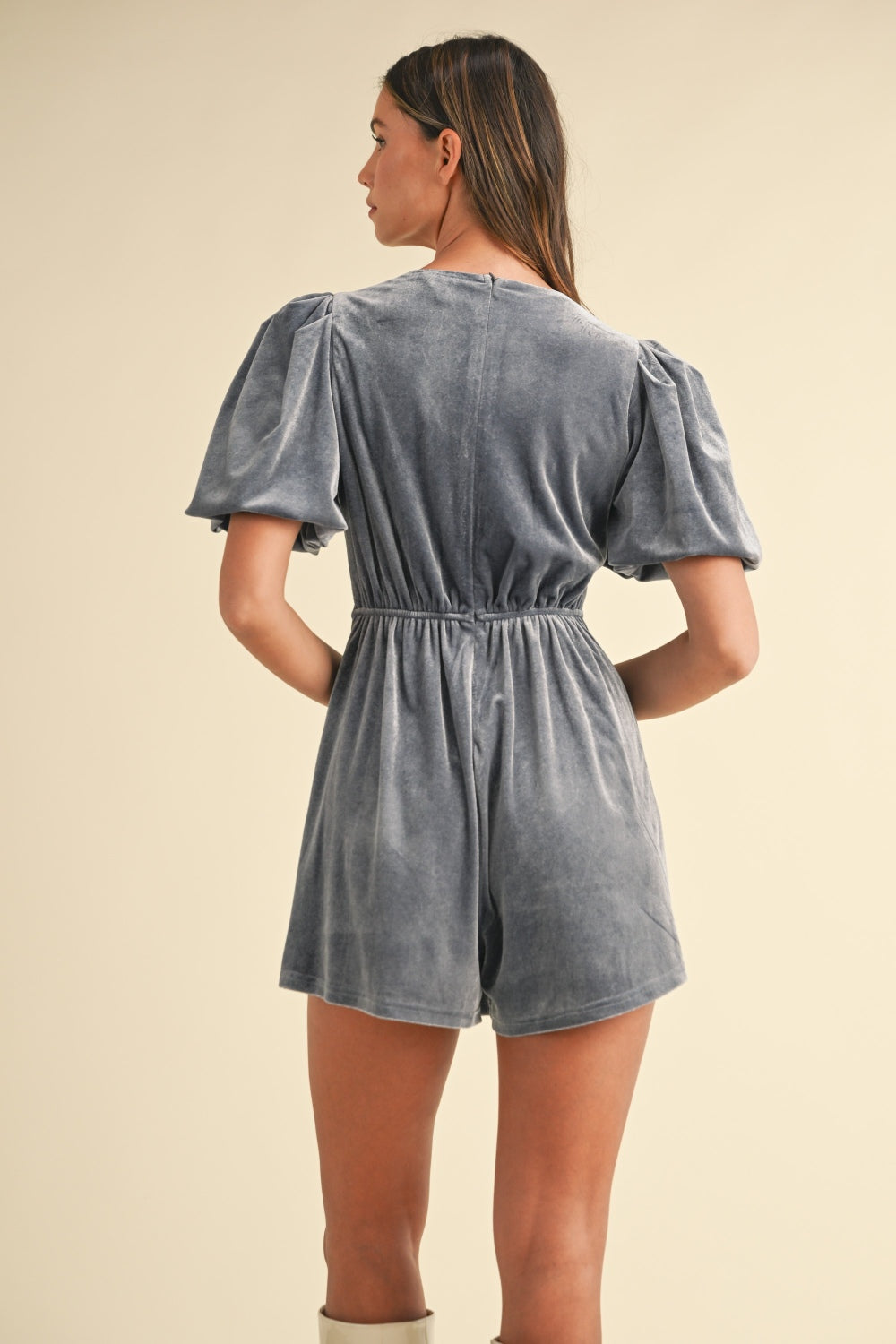 Mable Jewel Bow Decor Puff Sleeve Velvet Romper