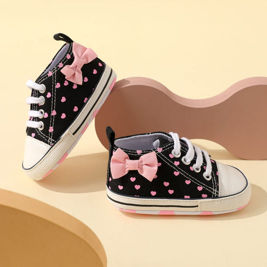 Pink Baby Shoes, Bow Knot Heart Print Infant Girls Shoes