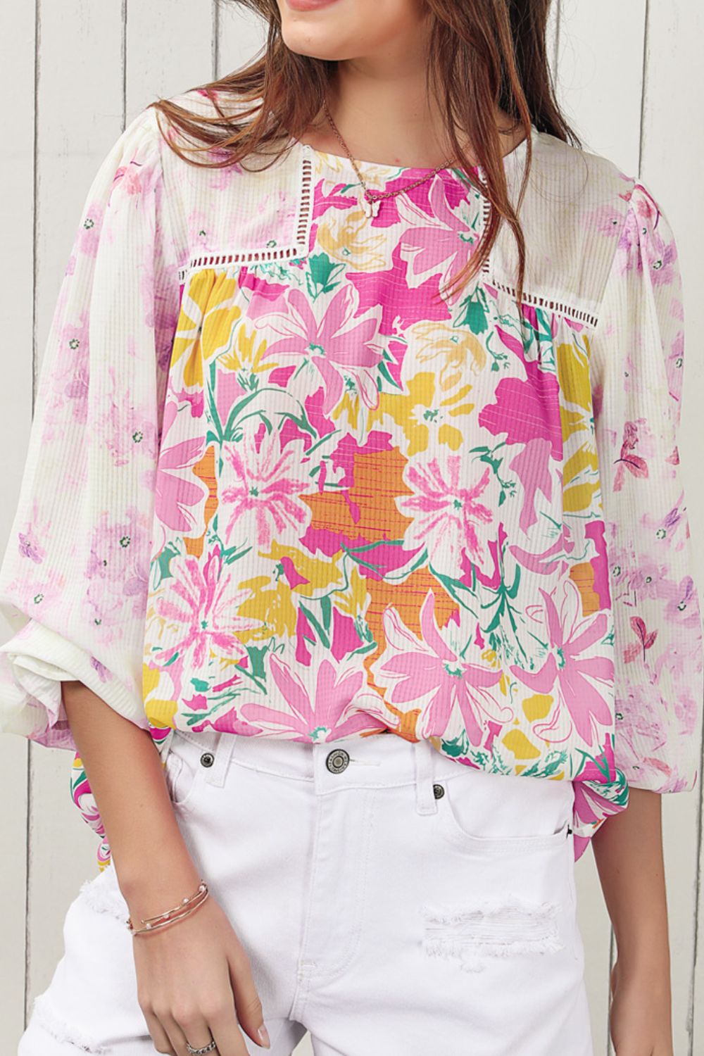 Floral Round Neck Flounce Sleeve Blouse