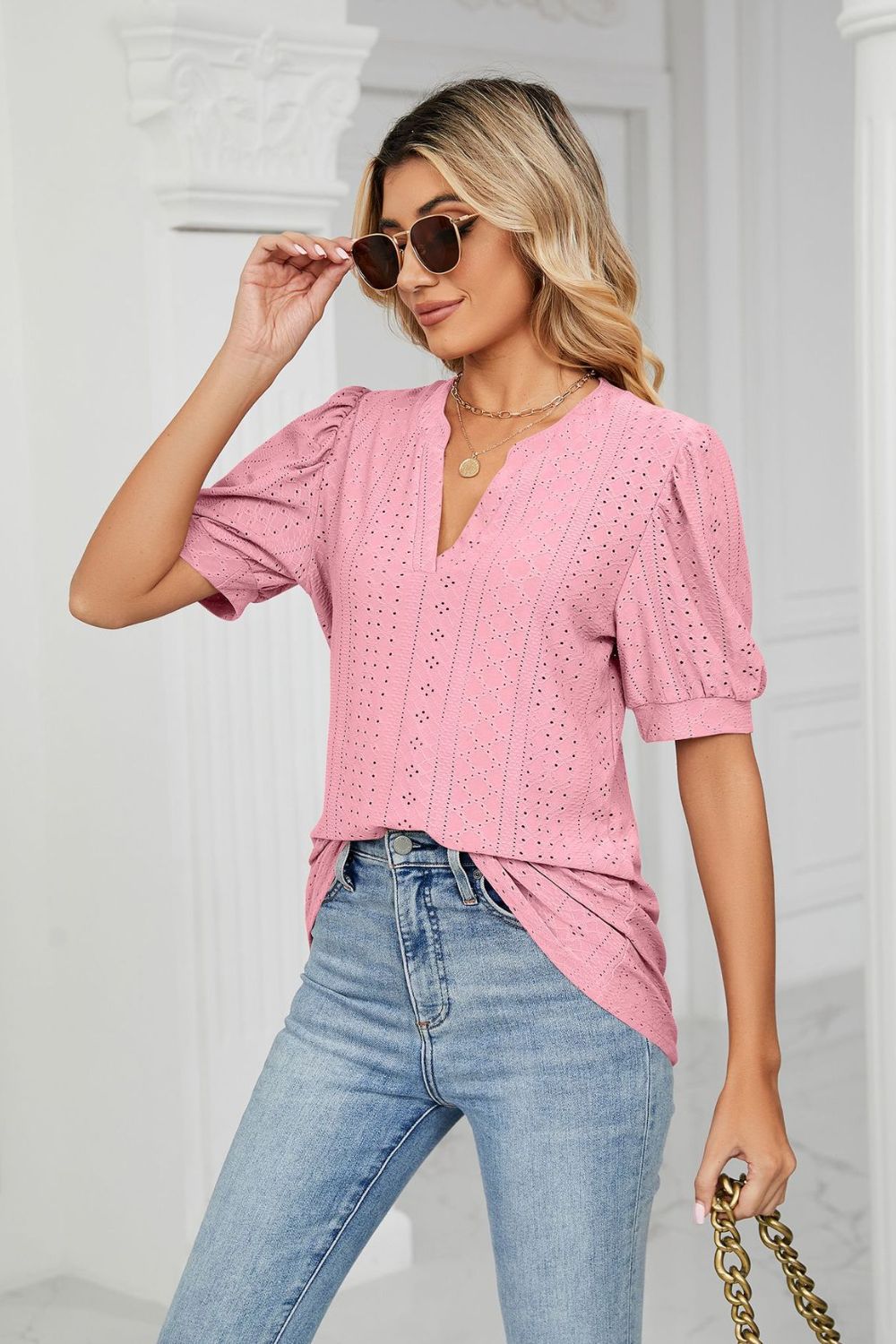 Eyelet Short Puff Sleeve Notched Neck Top