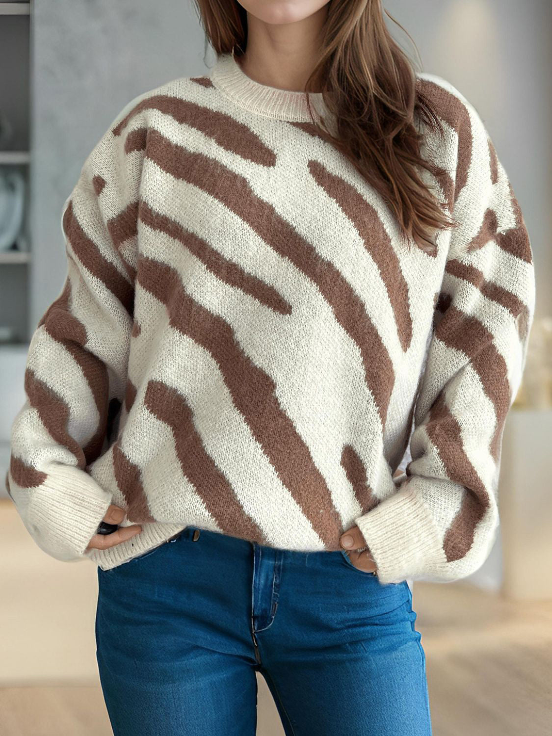 Contrast Round Neck Long Sleeve Sweater