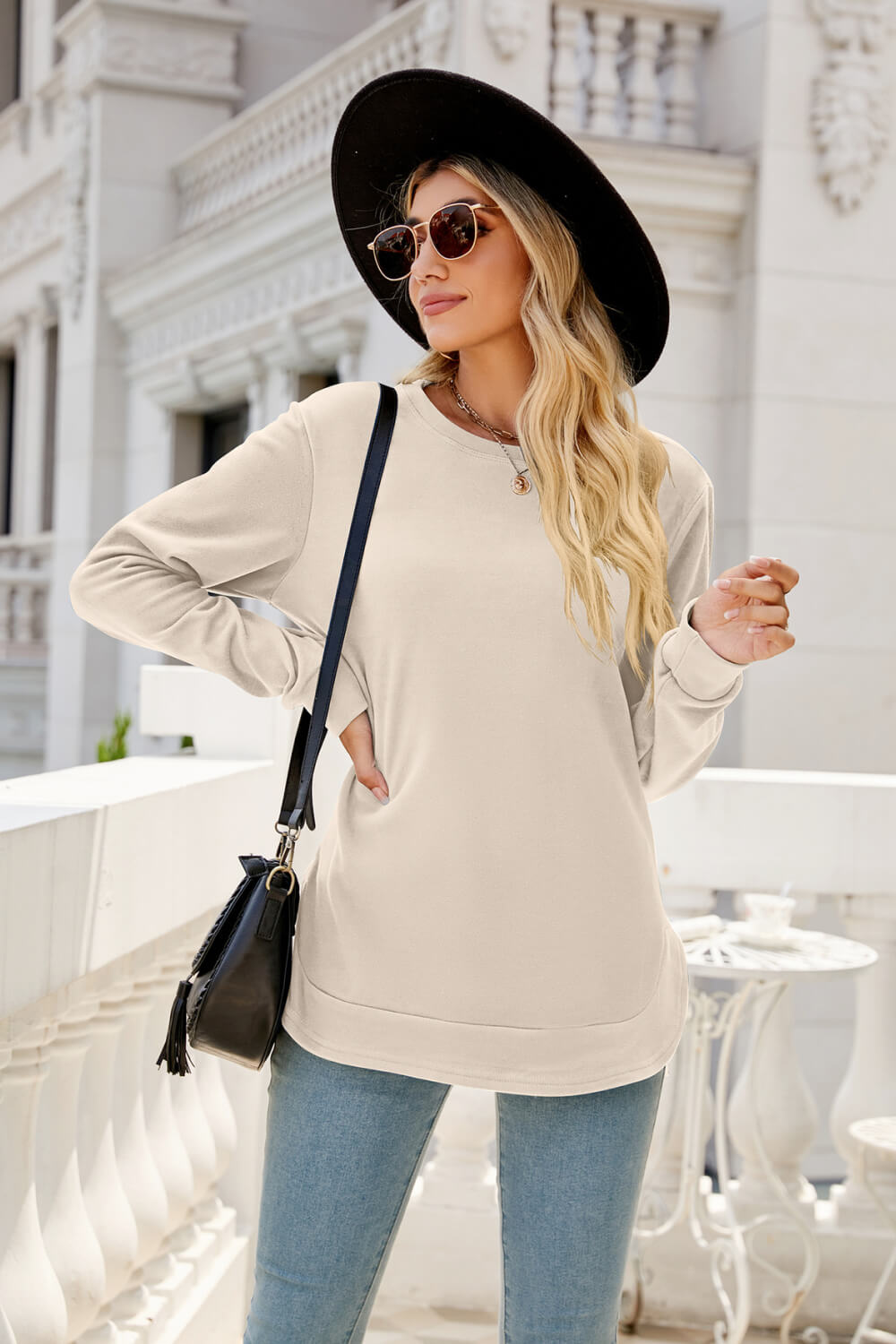 Round Neck Slit Tunic Top