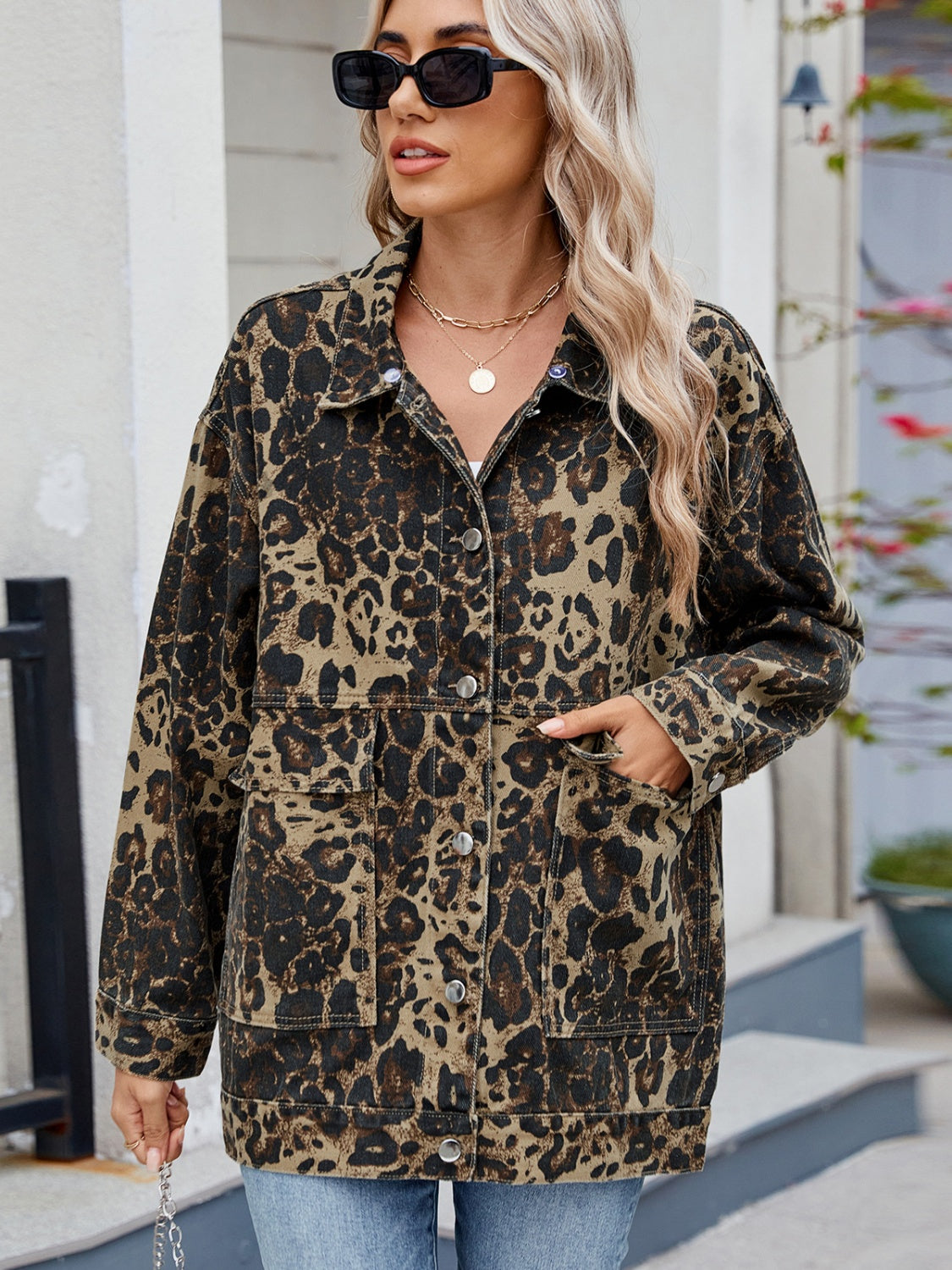 Leopard Button Up Drop Shoulder Denim Jacket