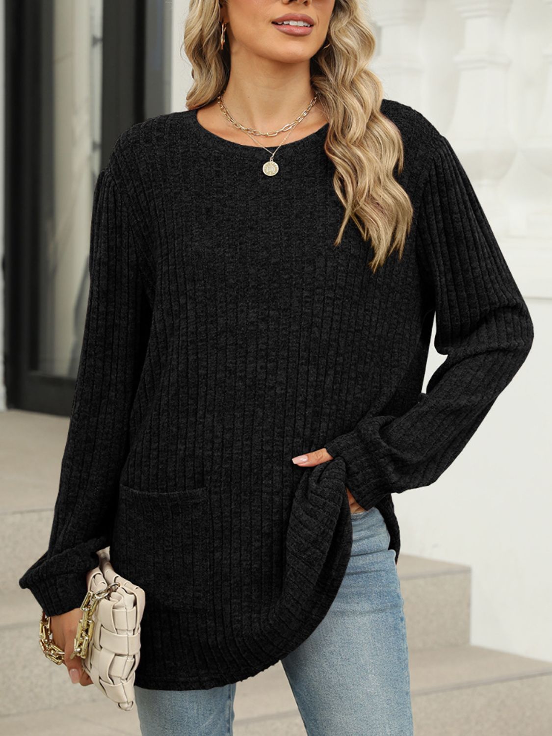 Full Size Pocketed Round Neck Long Sleeve T-Shirt