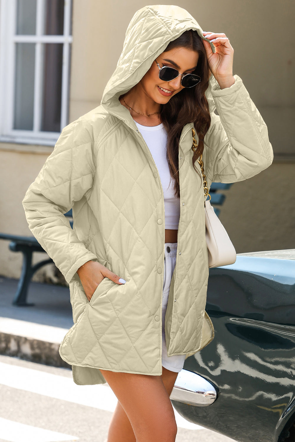 Snap Down Long Sleeve Quilted Winter Coat