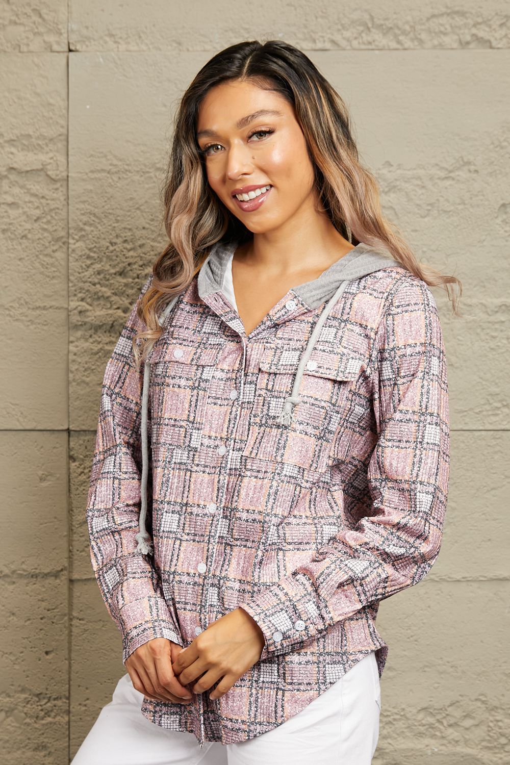 Double Take Plaid Long Sleeve Hooded Jacket